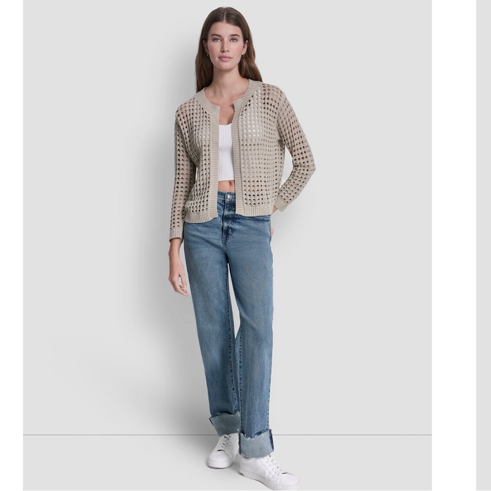 NWT, DKNY JEANS IT CITY KHAKI OPEN FRONT CARDIGAN, BEIGE COLOR SIZE XL